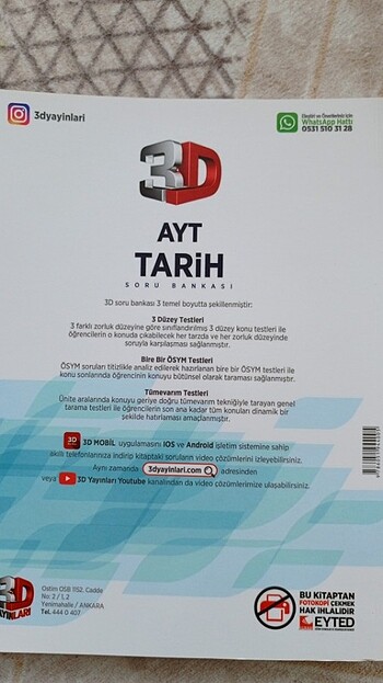  3D yayınları ayt tarih test kitabı