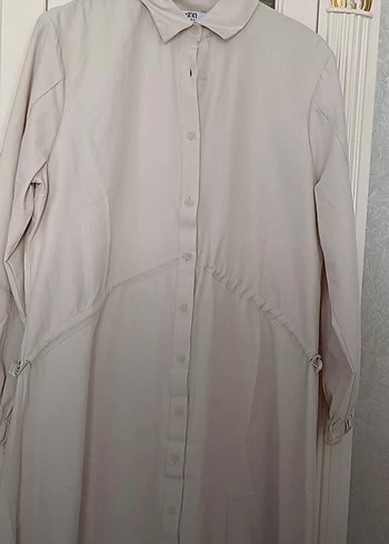 Bej Uzun Kollu Keten Kadın elbise - Görsel 3