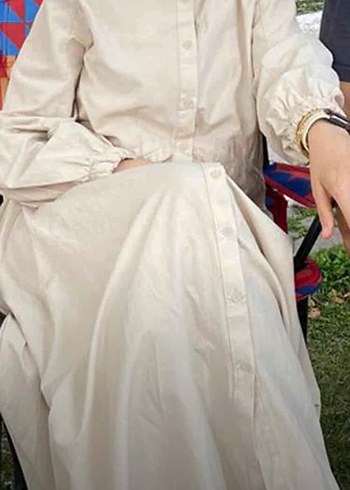 Bej Uzun Kollu Keten Kadın elbise - Görsel 2