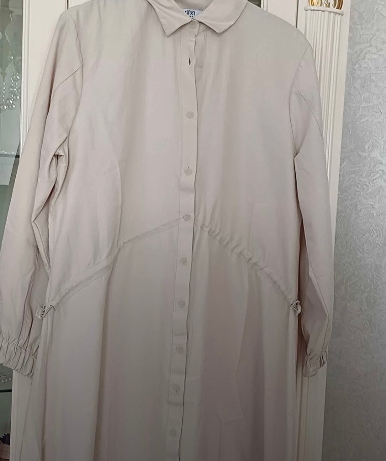 Bej Uzun Kollu Keten Kadın elbise - Görsel 3