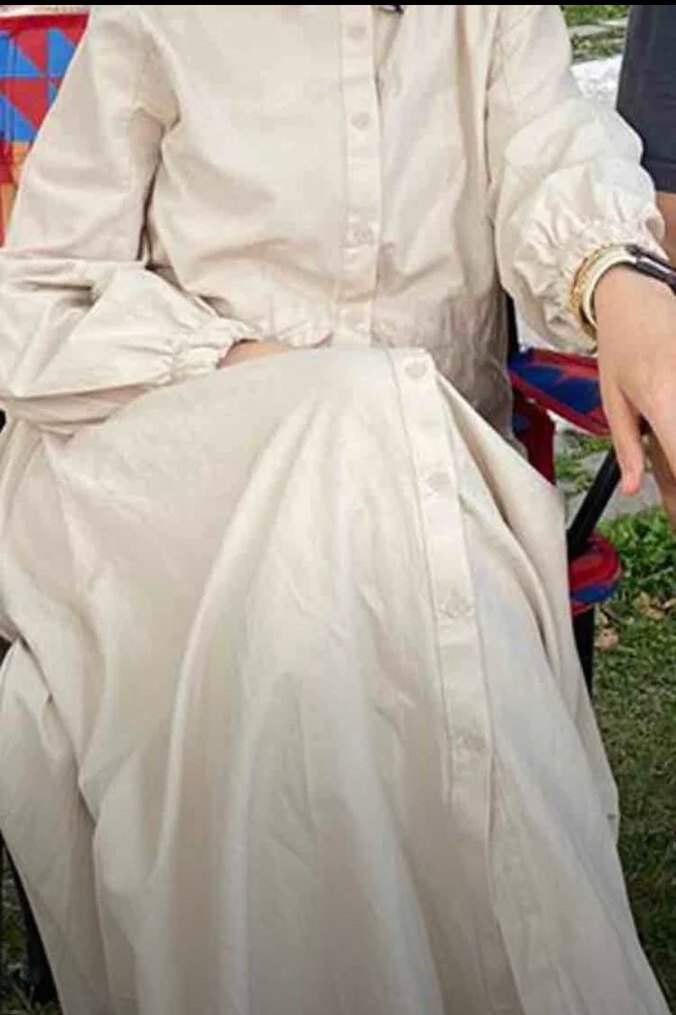 Bej Uzun Kollu Keten Kadın elbise - Görsel 2