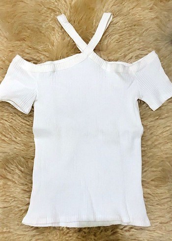 Beyaz Straplez Kısa Kollu Mini Triko Bluz