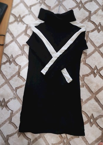 Siyah Beyaz Sade Mini Triko Elbise - Görsel 3