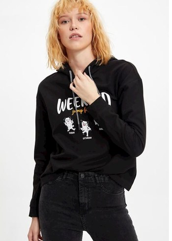 Siyah Kapüşonlu Baskılı Sweatshirt - Görsel 3