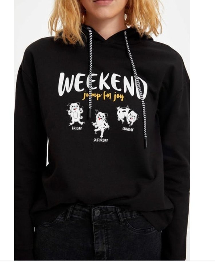 Siyah Kapüşonlu Baskılı Sweatshirt - Görsel 4