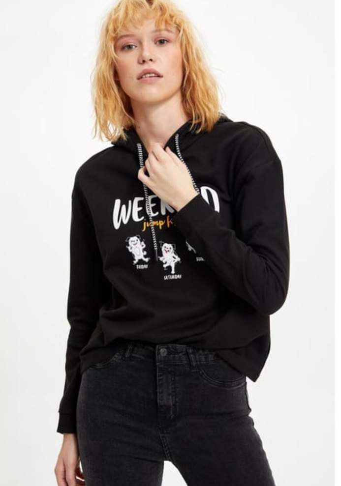 Siyah Kapüşonlu Baskılı Sweatshirt - Görsel 3