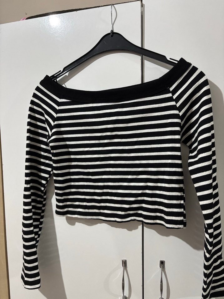 Kadın Siyah Beyaz Çizgili Uzun Kollu Bluz - Görsel 2
