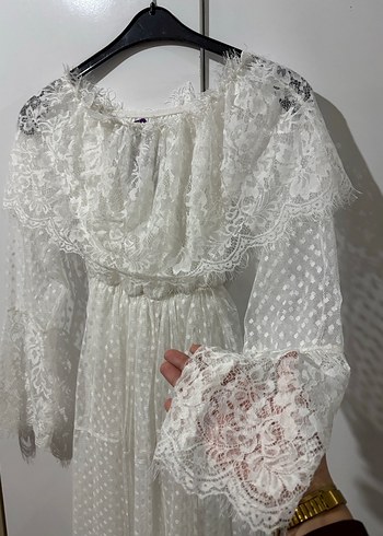 Dantel Detaylı Bohem Beyaz Uzun Elbise - Görsel 2