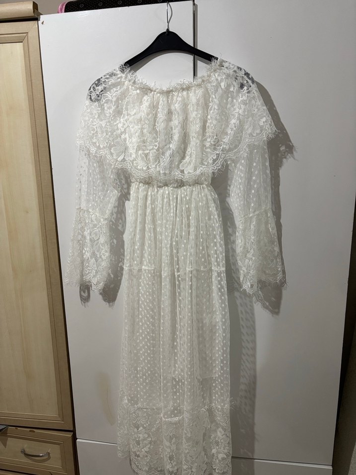 Dantel Detaylı Bohem Beyaz Uzun Elbise - Görsel 4