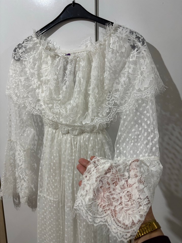 Dantel Detaylı Bohem Beyaz Uzun Elbise - Görsel 2