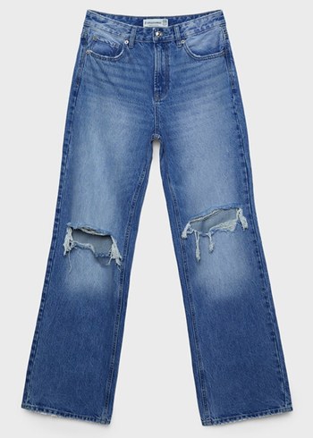 Kadın Mavi Denim Midi Boy Yırtık Jean