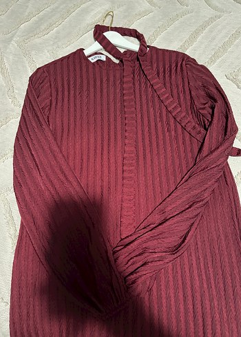 38 Beden Bordo Pliseli Uzun Kollu Kadın Triko Elbise