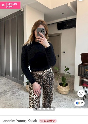 Kahverengi Leopar Desenli Kadın Tüylü kazak