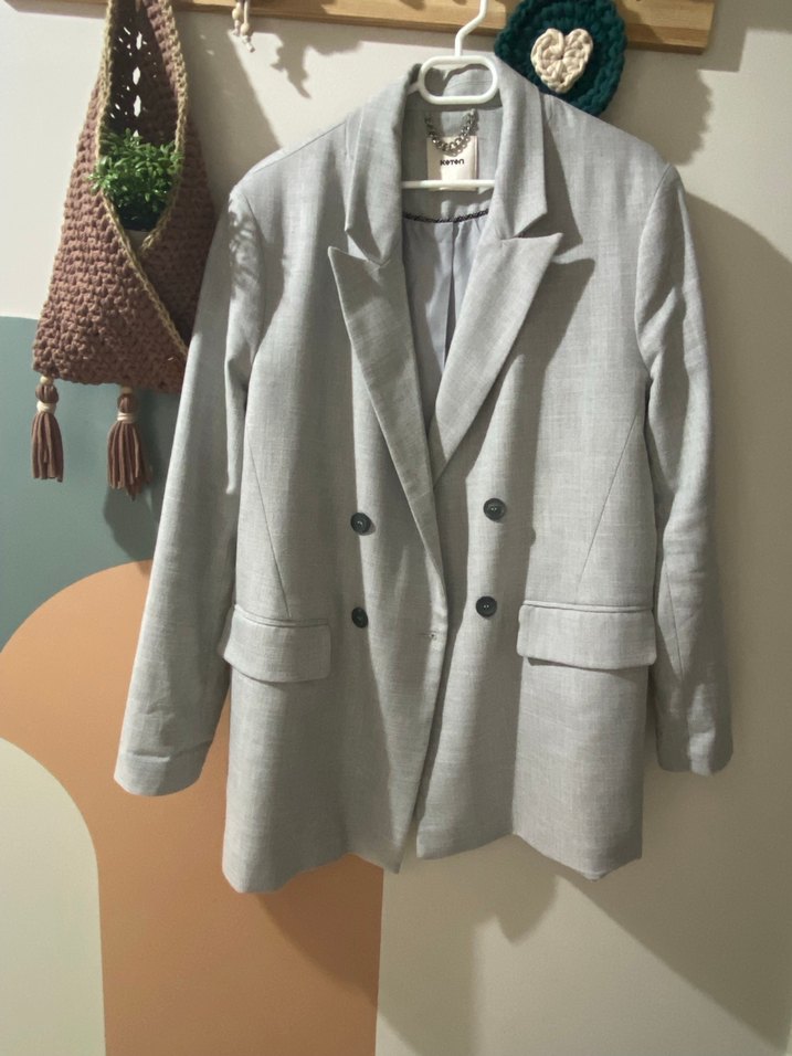 Gri Keten Kadın Blazer Ceket - Görsel 4