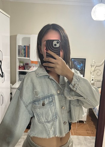 36 Beden gri Renk Stradivarius Denim crop ceket