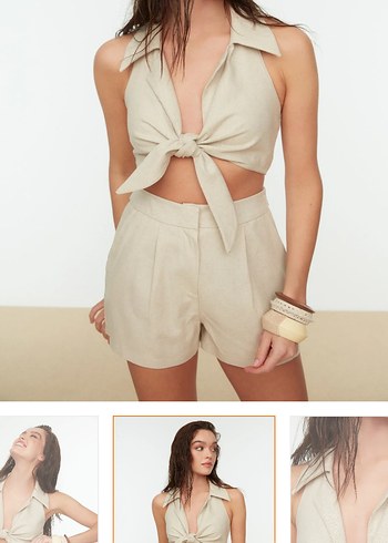 Bej Keten Mini V Yaka Kolsuz - Görsel 2