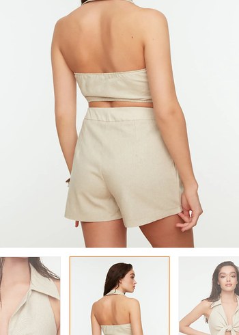 Bej Keten Mini V Yaka Kolsuz - Görsel 3