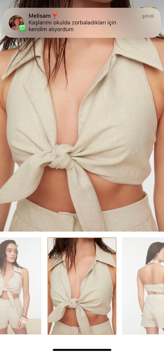 Bej Keten Mini V Yaka Kolsuz - Görsel 4