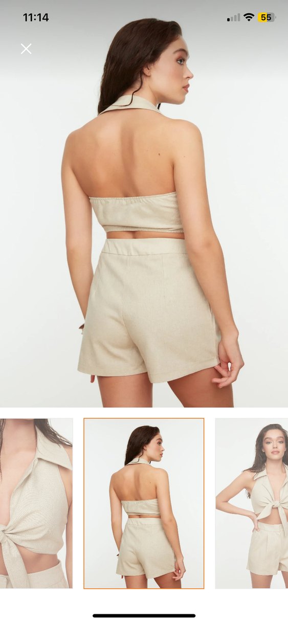 Bej Keten Mini V Yaka Kolsuz - Görsel 3