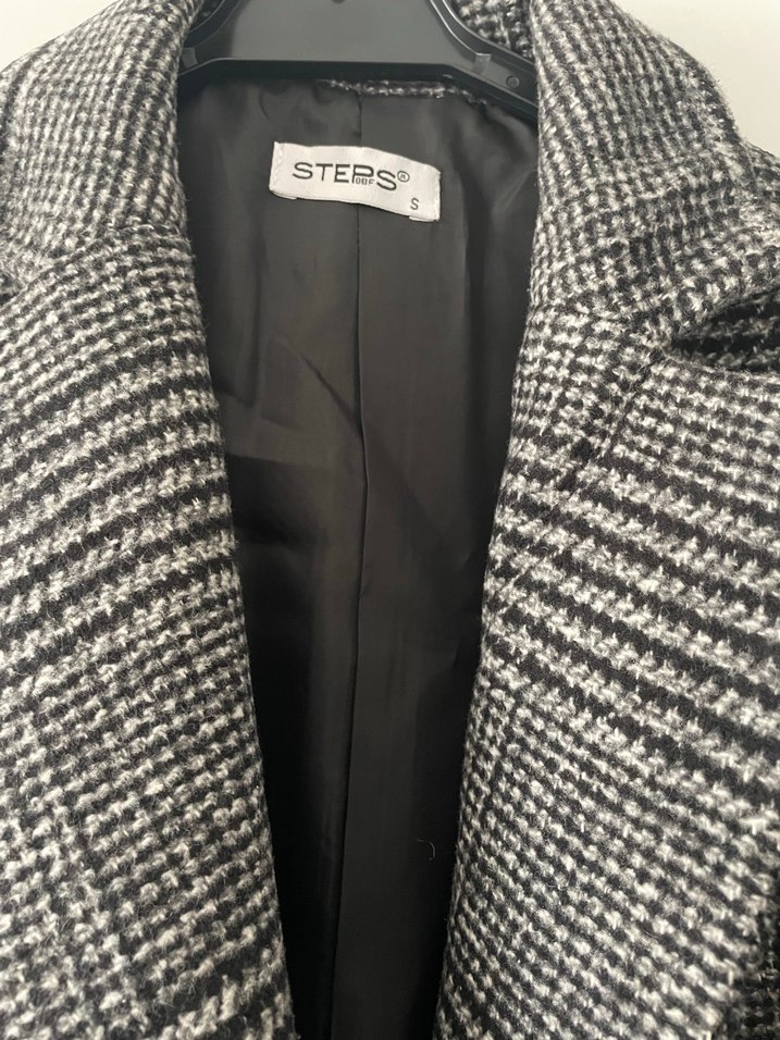 Gri Ekose Düğmeli Midi Kadın Kaban - Görsel 2