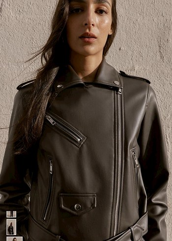 Kahverengi Deri Biker Ceket - Görsel 2