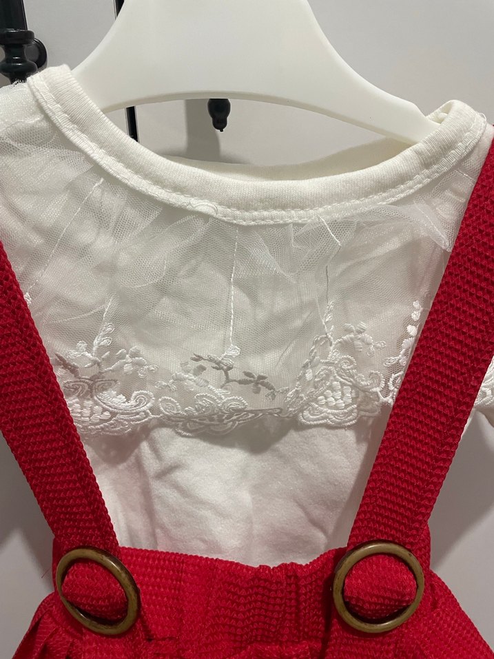 Kız Çocuk Kırmızı Nakışlı Fiyonklu Elbise - Görsel 2