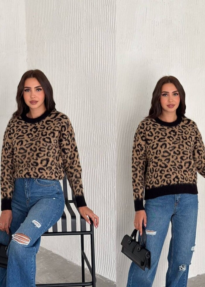 Leopar desenli yumoş kazak - Görsel 2