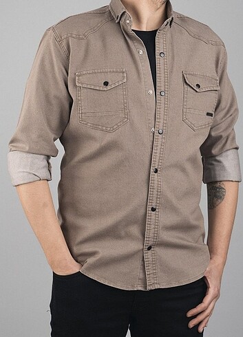 Slim Fit Erkek Kot Gömlek Vizon
