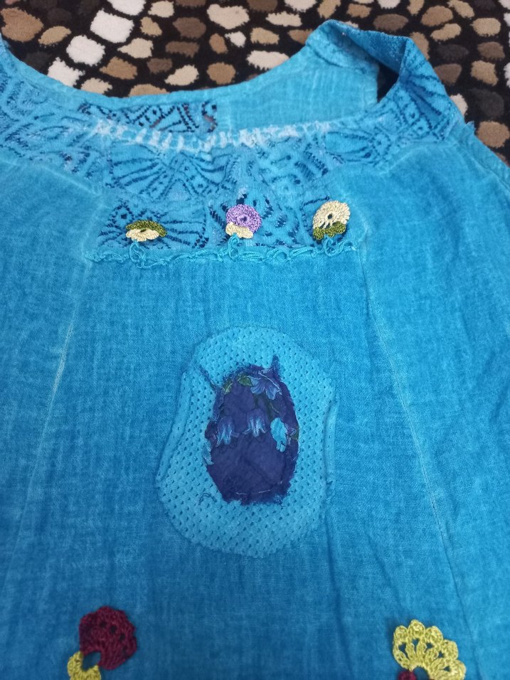 Turkuaz Nakışlı Boncuklu Bohem Uzun Elbise - Görsel 3