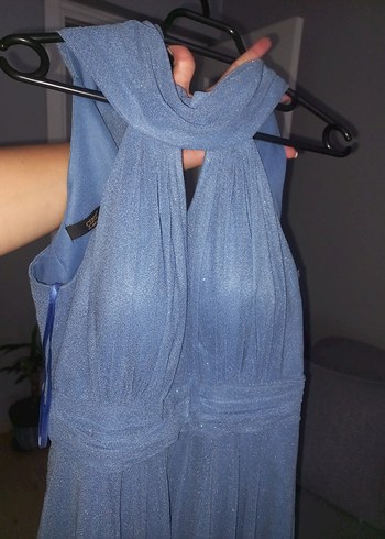 Işıltılı Mavi Drapeli Midi Abiye Elbise - Görsel 2