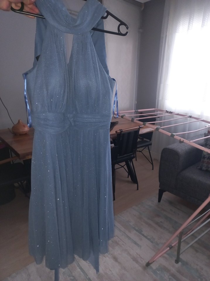 Işıltılı Mavi Drapeli Midi Abiye Elbise - Görsel 5