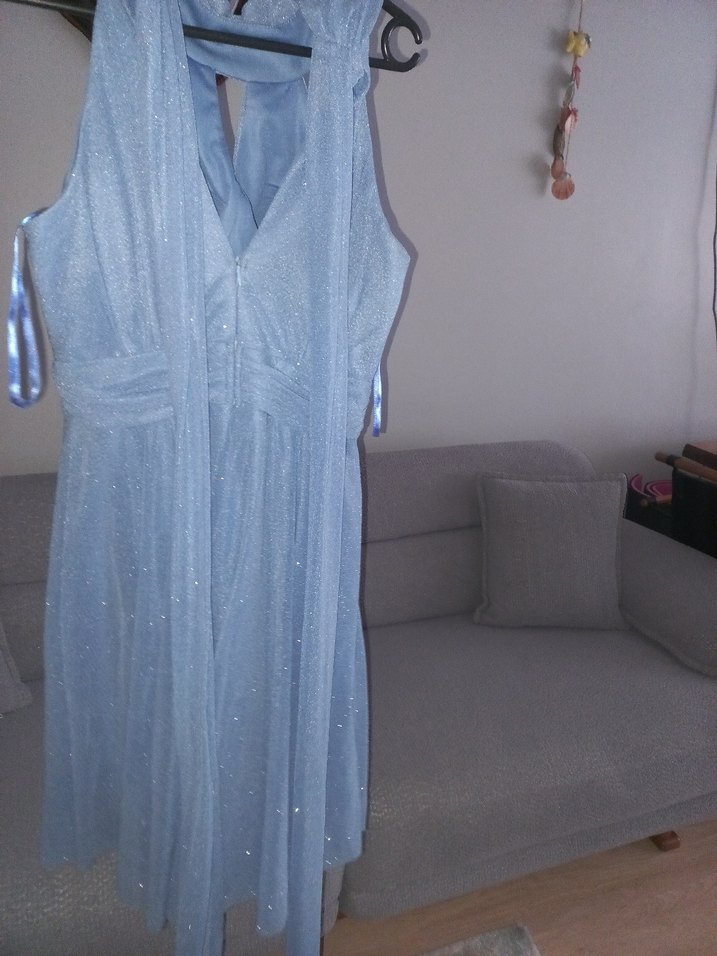 Işıltılı Mavi Drapeli Midi Abiye Elbise - Görsel 4