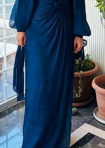 Drapeli Koyu Mavi Uzun Abiye Elbise - Görsel 2