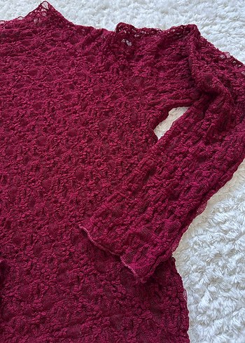 Addax Bordo Dantelli Bohem Uzun Kollu Bluz