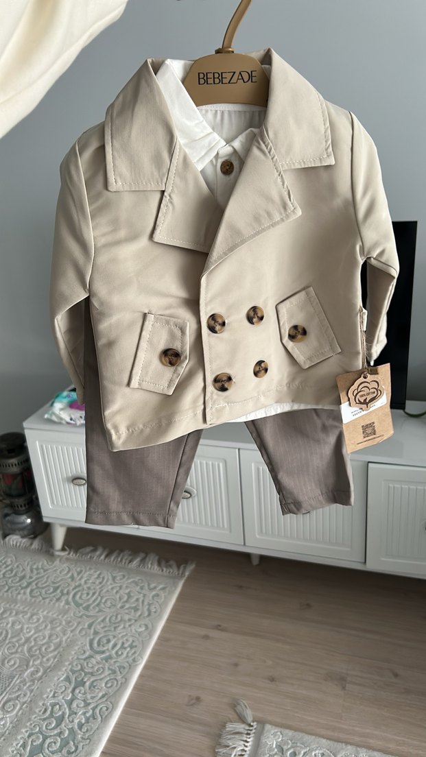 Erkek Bebek Bej Ceketli Pamuklu Takım - Görsel 3