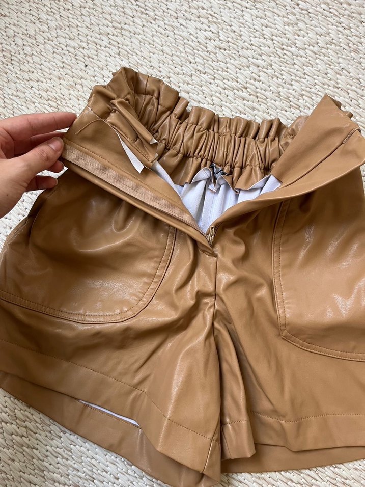 Bej Deri Mini Şort Triko Bluz - Görsel 2