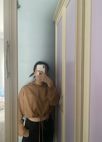 m Beden Kahverengi Yüksek Yakalı Kadın Sweatshirt