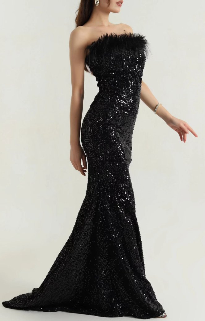 Siyah Drapeli Straplez Uzun Abiye Elbise - Görsel 2