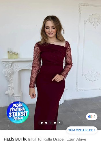 Bordo Uzun Kollu Dantel Detaylı Abiye - Görsel 3