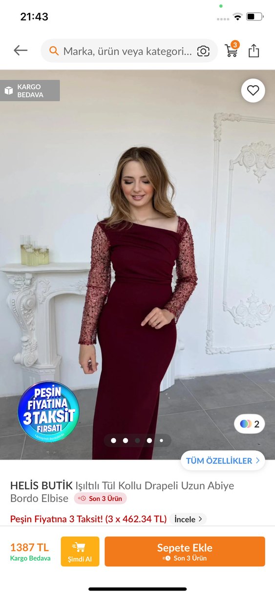 Bordo Uzun Kollu Dantel Detaylı Abiye - Görsel 3