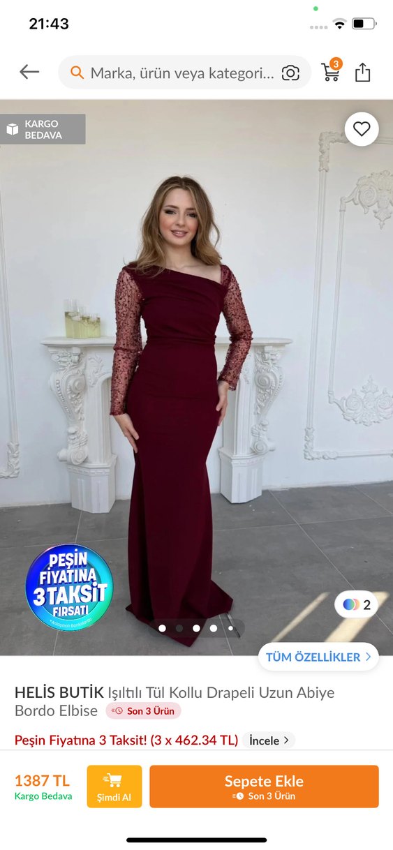 Bordo Uzun Kollu Dantel Detaylı Abiye - Görsel 2