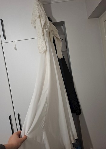 Uzun Kollu İşlemeli Beyaz Kadın Gelinlik - Görsel 10