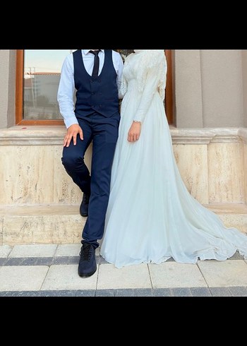 Uzun Kollu İşlemeli Beyaz Kadın Gelinlik - Görsel 5