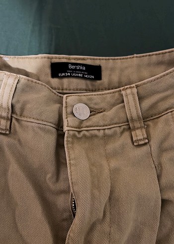 34 Beden camel Renk Bershka Bej Kadın Midi Boy Bol Kesim Keten Pantolon