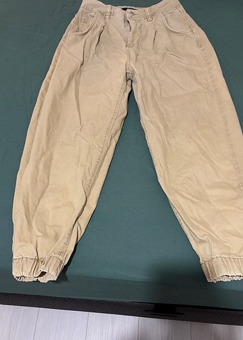Bershka Bej Kadın Midi Boy Bol Kesim Keten Pantolon