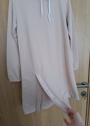 Bej Kapüşonlu Uzun Kadın Sweatshirt - Görsel 3