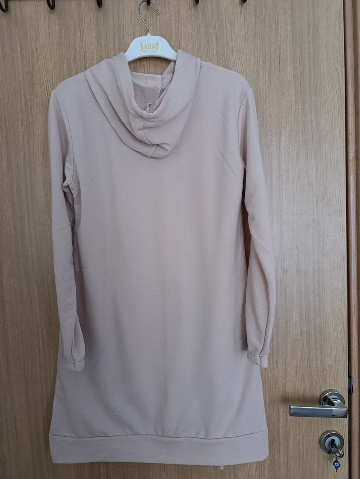 Bej Kapüşonlu Uzun Kadın Sweatshirt - Görsel 4