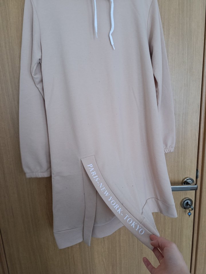 Bej Kapüşonlu Uzun Kadın Sweatshirt - Görsel 3