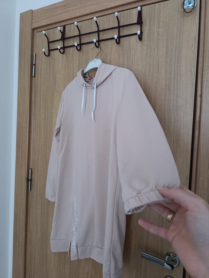 Bej Kapüşonlu Uzun Kadın Sweatshirt - Görsel 2