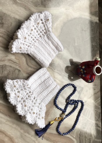 Beyaz Örgü Bohem Kadın Eldiveni - Görsel 2